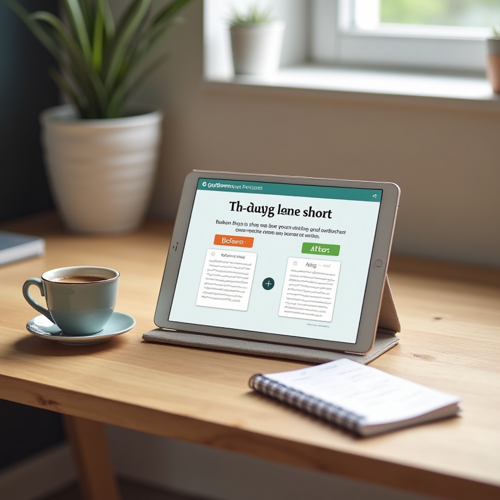 A tablet screen showing a short writing lesson with a before and after email comparison, resting on a desk near a coffee cup