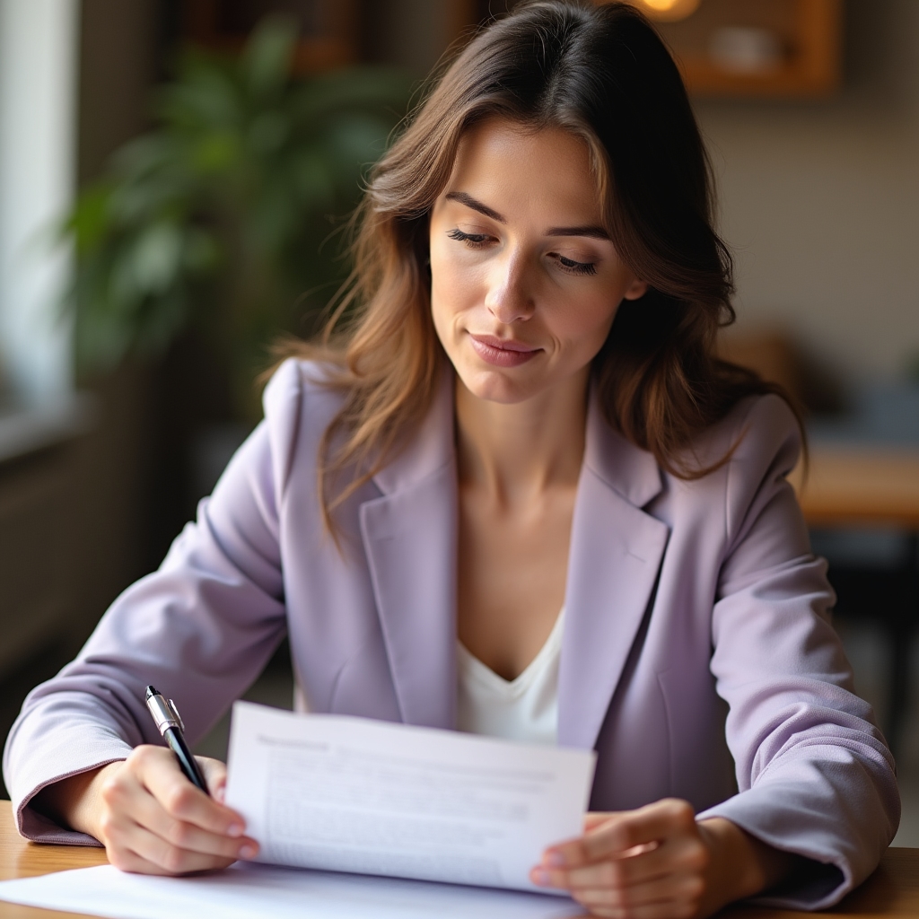 A woman in her early thirties sitting at a wooden desk reviewing a printed email draft with a pen in hand