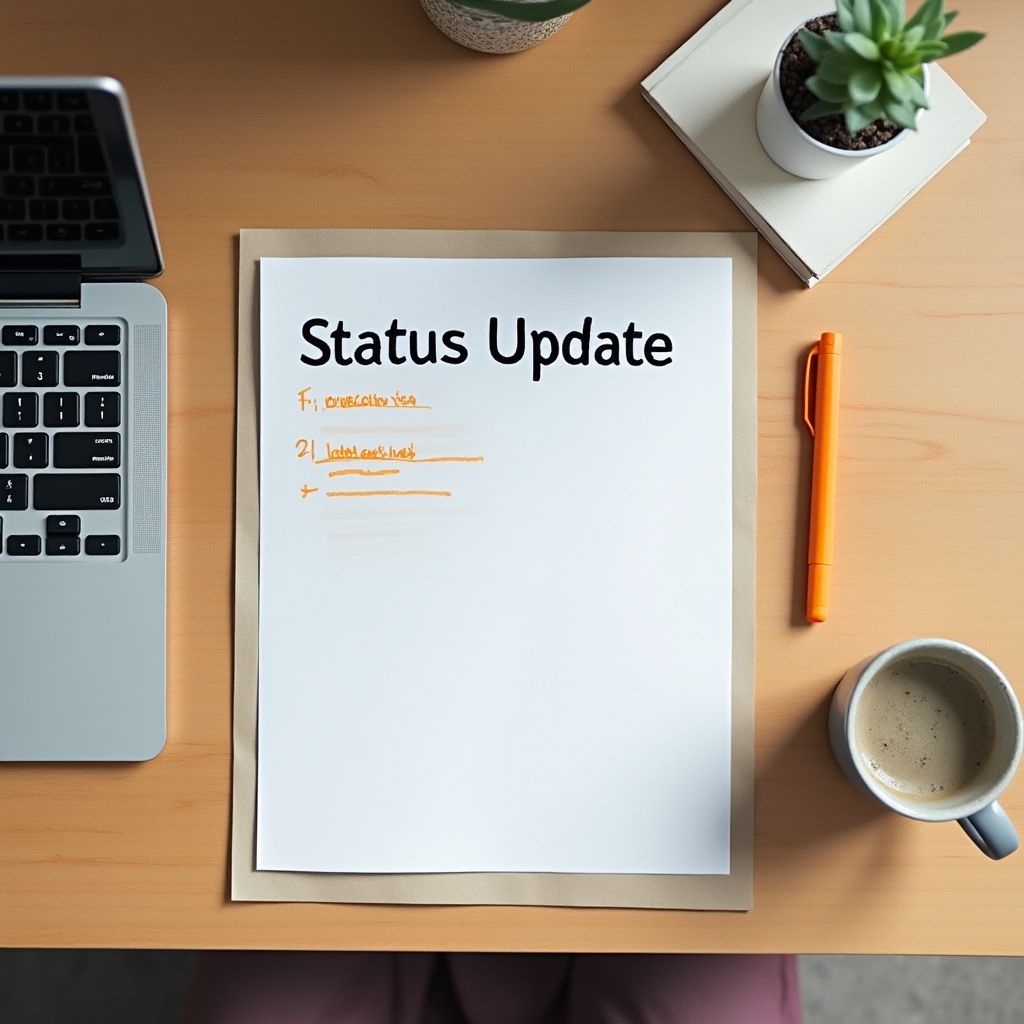 A tidy desk with a status update printed and marked up with a colored pen